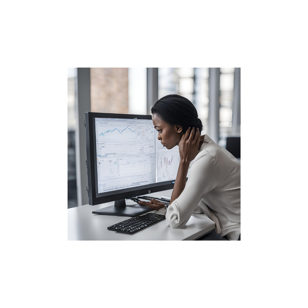 A woman focused on a computer screen filled with graphs and charts, analyzing social media ad performance data.